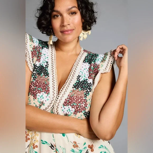 Anthropologie Floral Maxi Dress with Crochet Detail - Picture 3 of 10